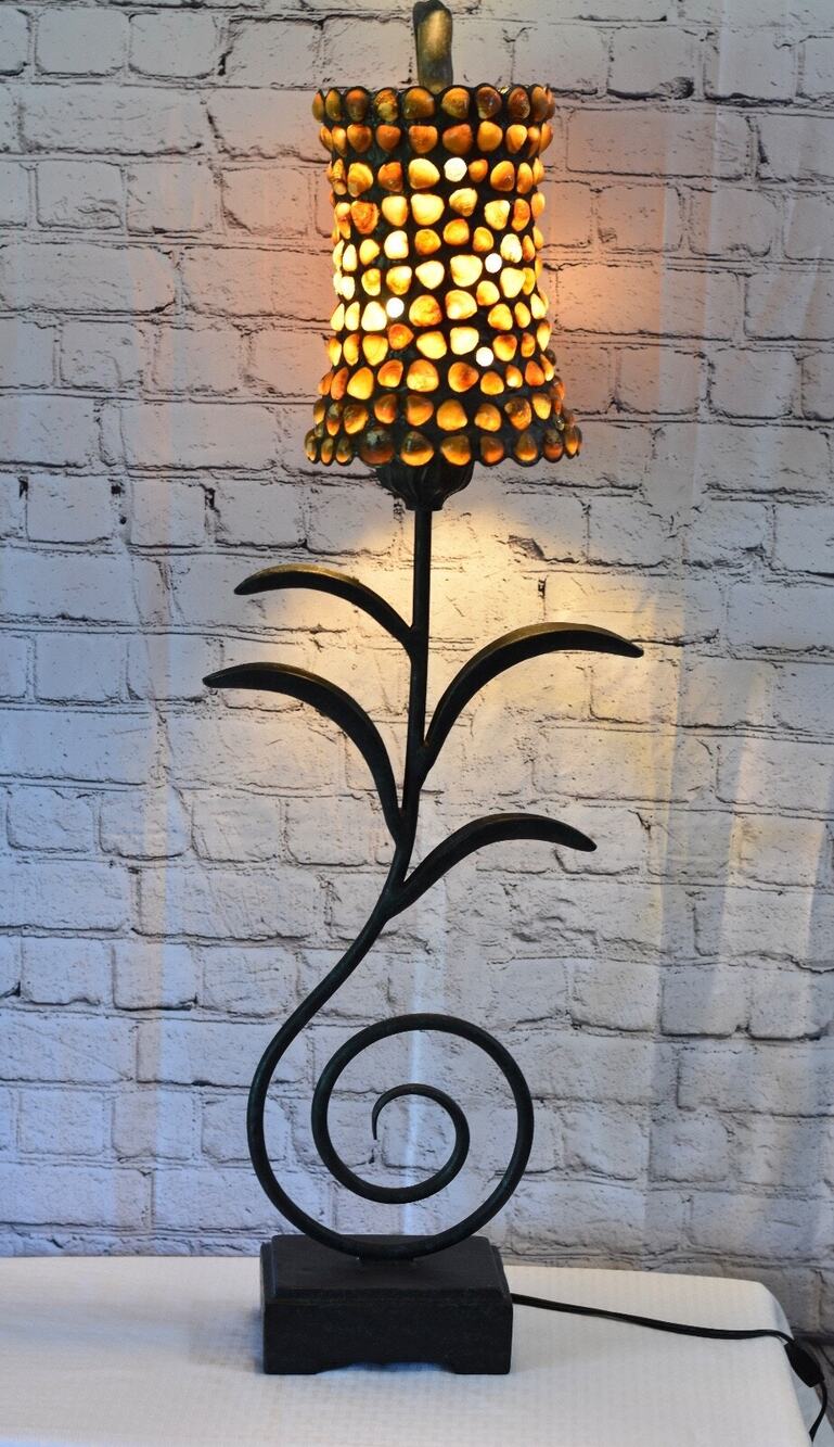 Nautical Seashell & Glass Handmade Wrought Iron Scroll Table Lamp